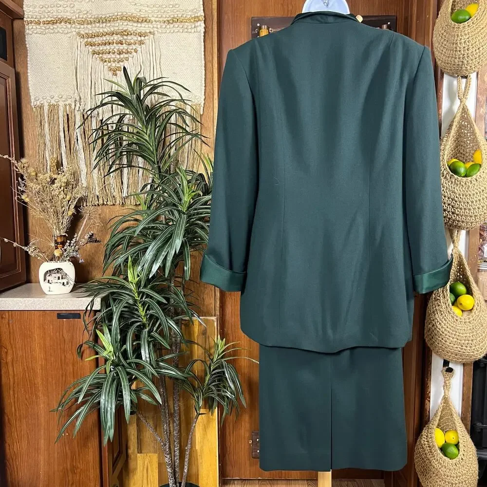 Vintage Christian Dior Skirt Suit Wool Green Blazer Skirt 2 Piece 80s 90s USA